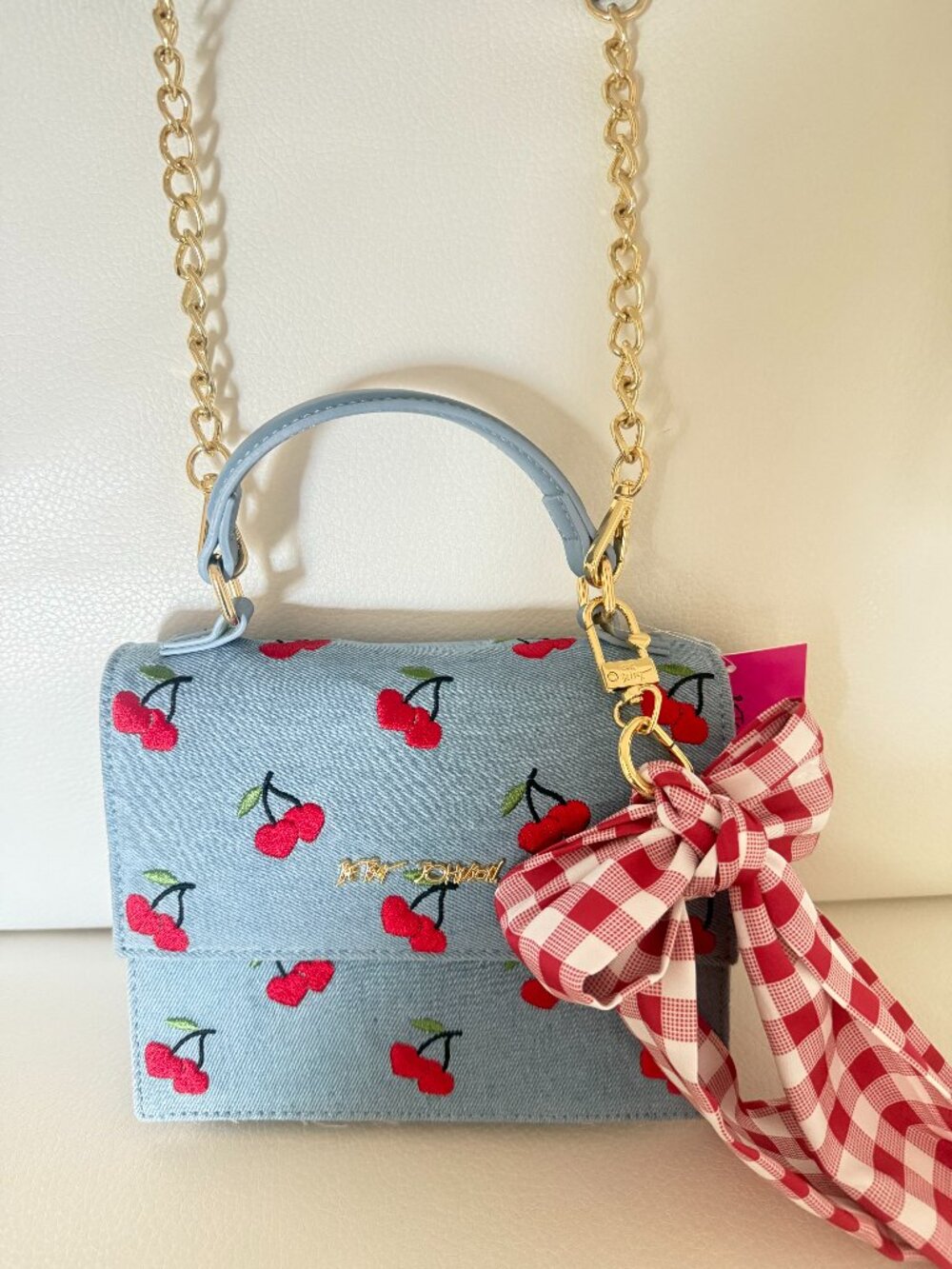 NWT BETSEY JOHNSON XOMYLO2 SATCHEL CROSSBODY BAG W EMBROIDERED CHERRIES / SCARF